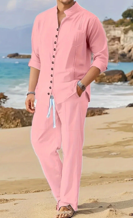Men's Long Sleeve Linen Shirt and Trousers Set