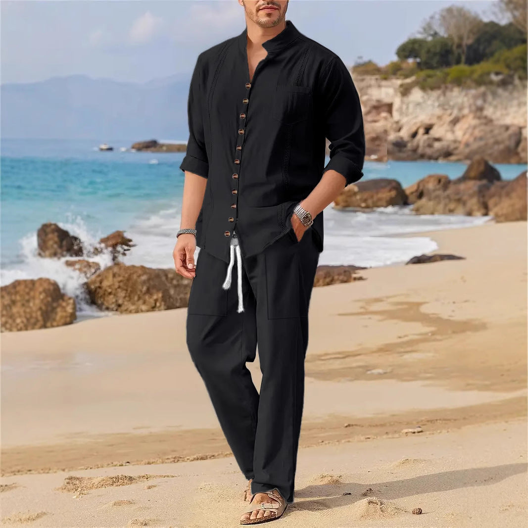 Men's Long Sleeve Linen Shirt and Trousers Set