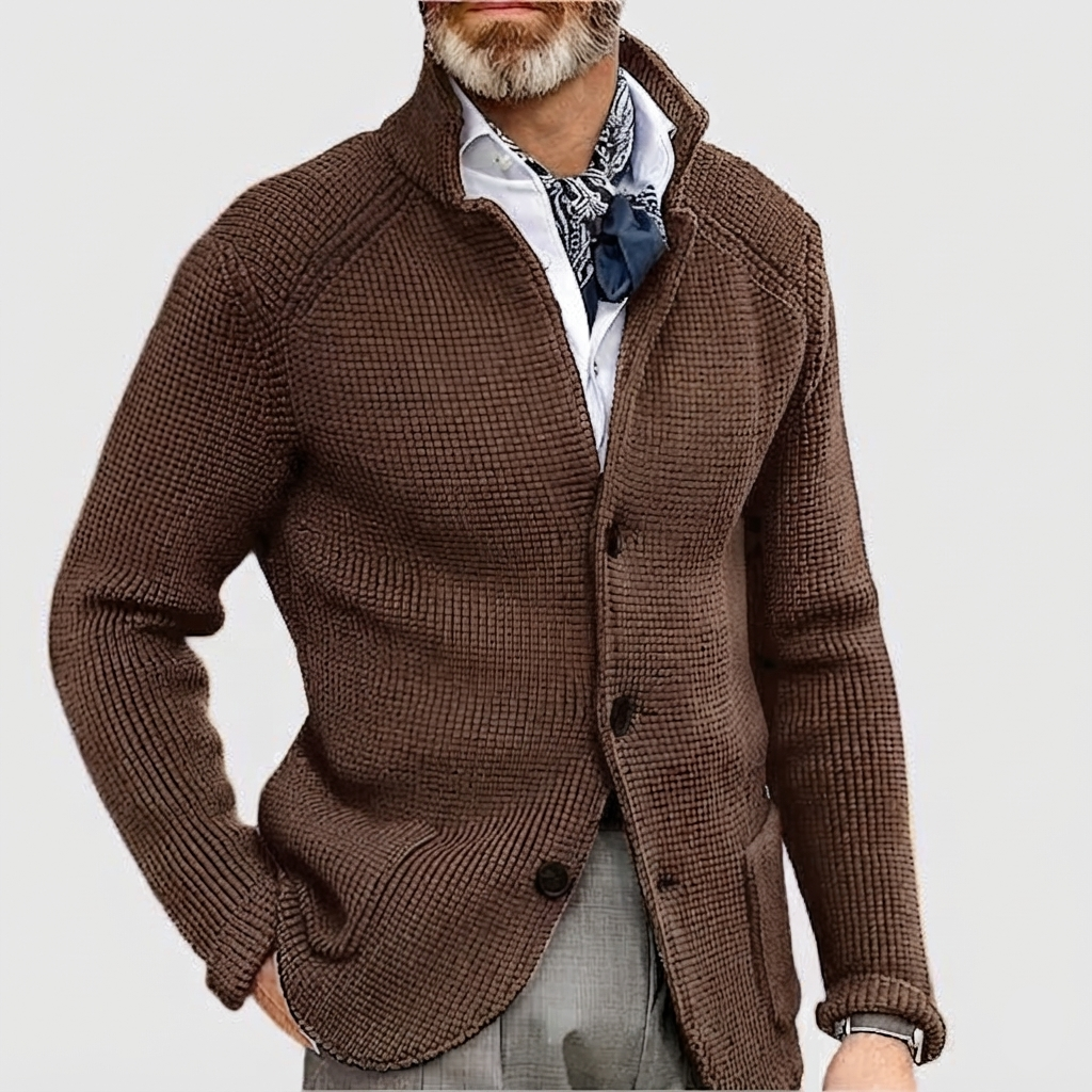 Men's Waffle-Knit Cardigan Sweater | Stand Collar & Button Front