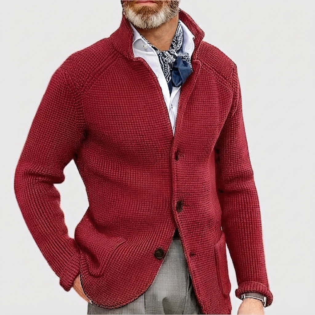 Men's Waffle-Knit Cardigan Sweater | Stand Collar & Button Front