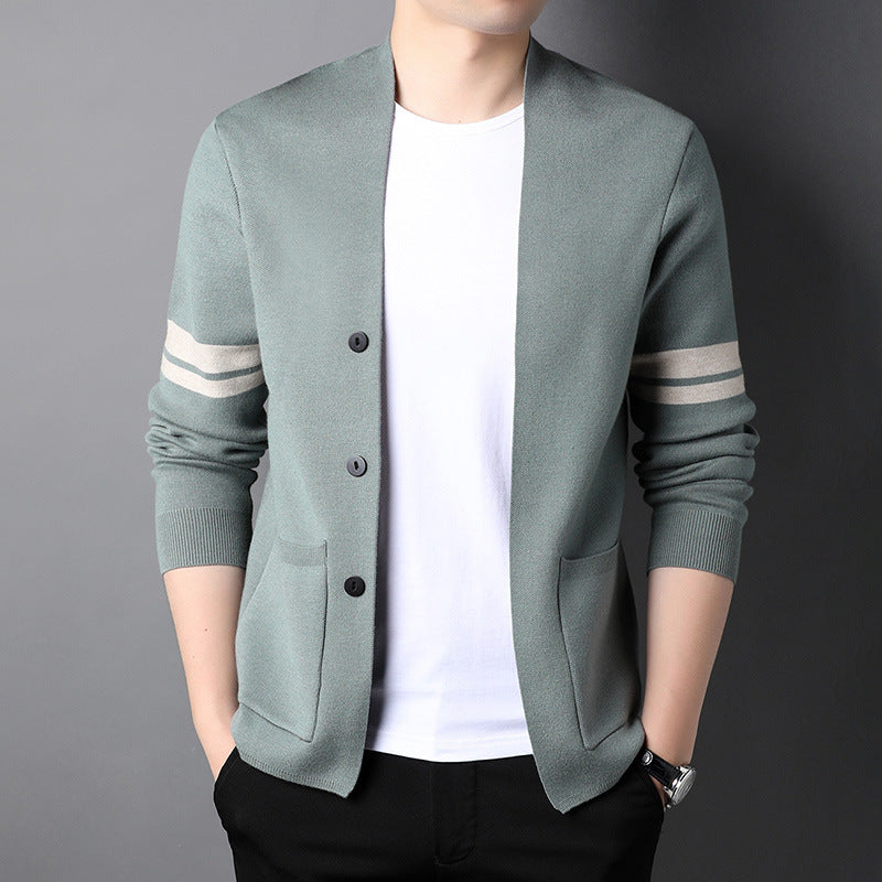 Men's Merino Blend Cardigan | Sleeve Stripes & Patch Pockets