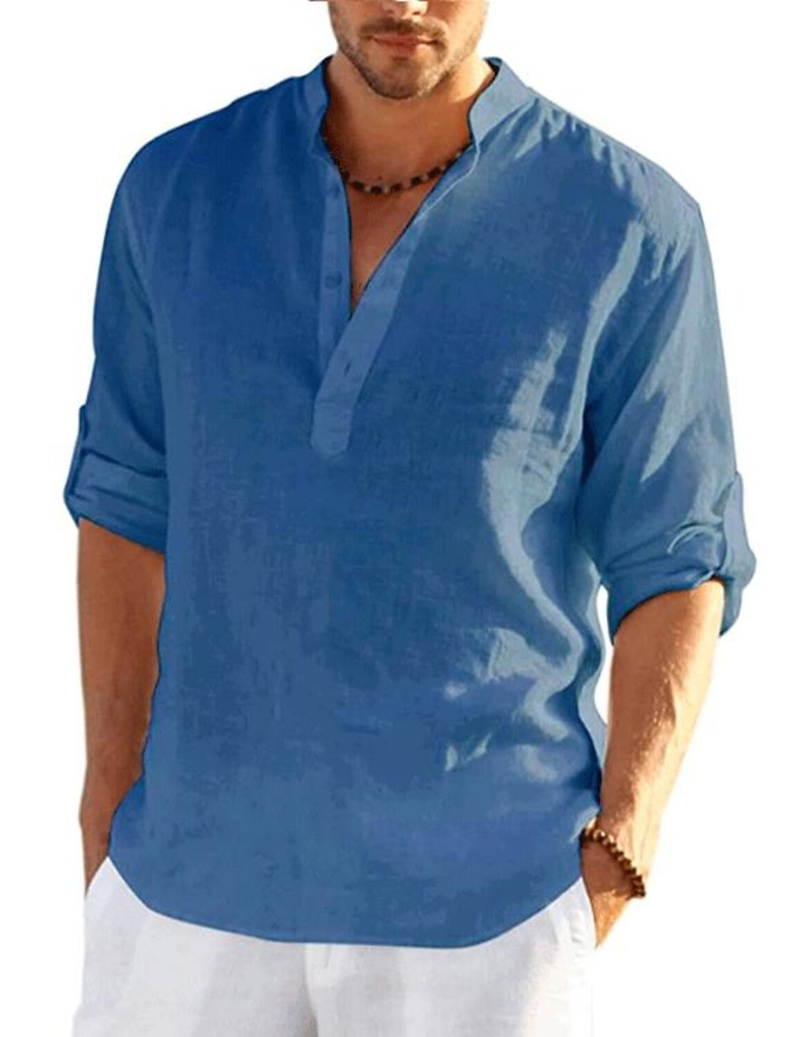 Men's Casual Blend Shirt | Band Collar & Henley Placket