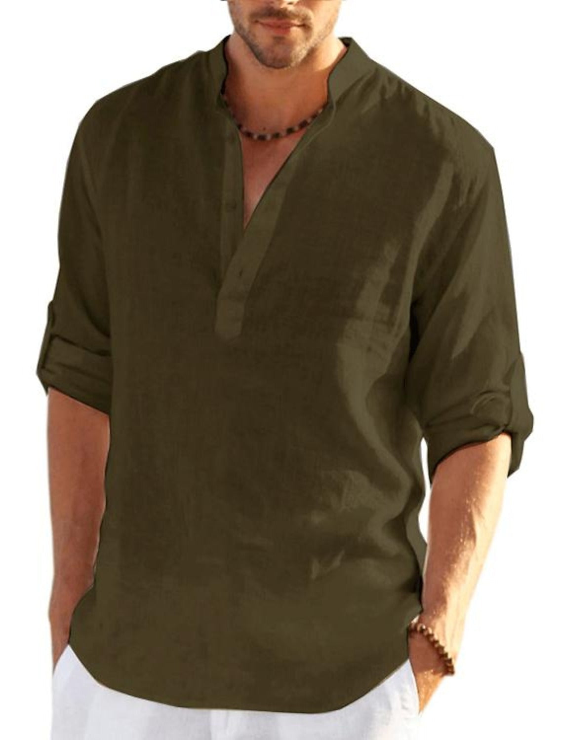 Men's Casual Blend Shirt | Band Collar & Henley Placket