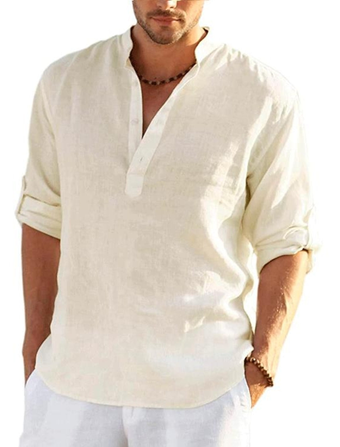 Men's Casual Blend Shirt | Band Collar & Henley Placket