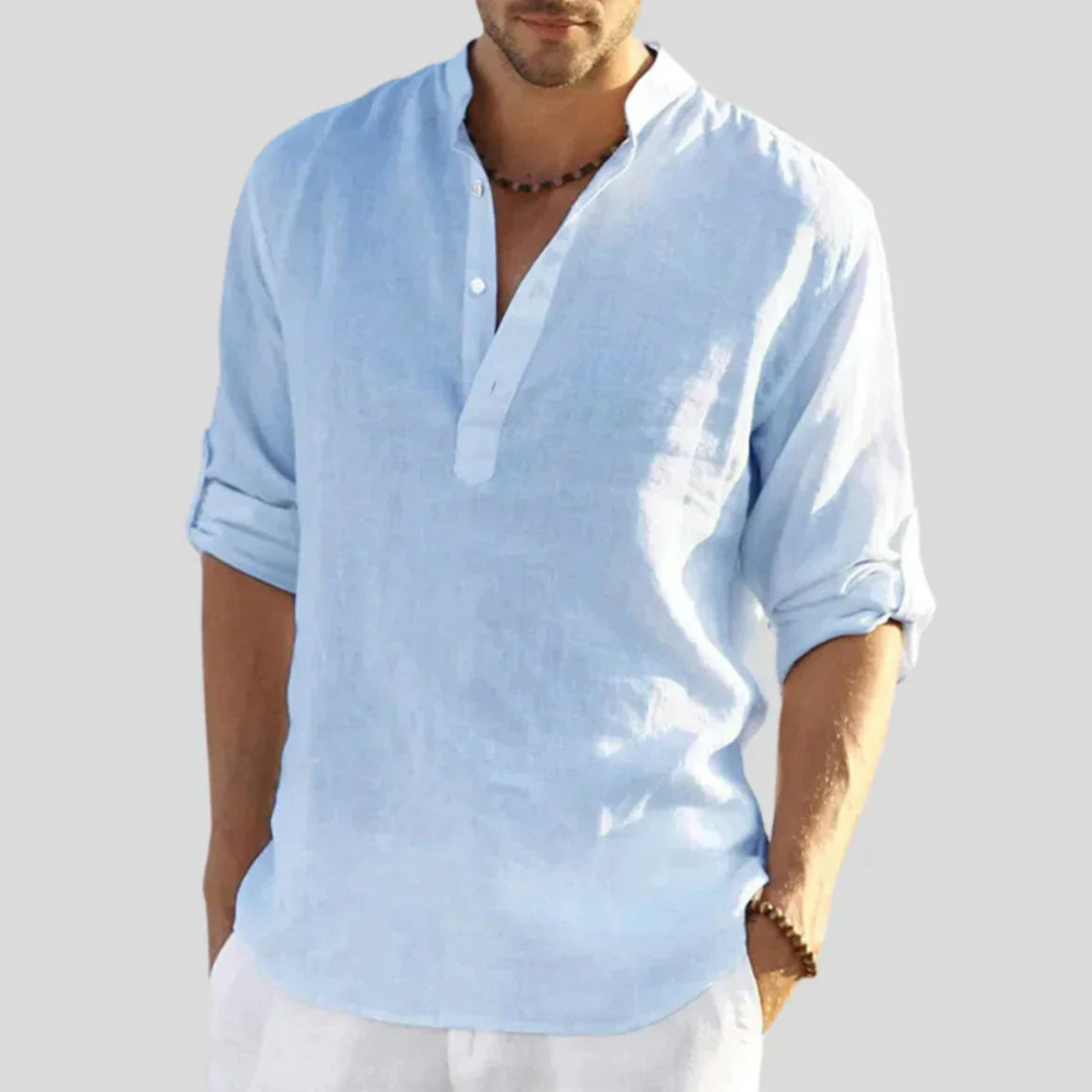 Men's Casual Blend Shirt | Band Collar & Henley Placket