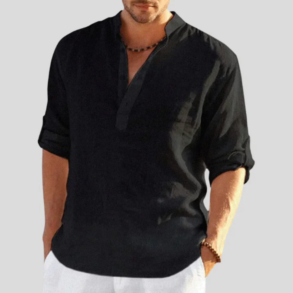 Men's Casual Blend Shirt | Band Collar & Henley Placket