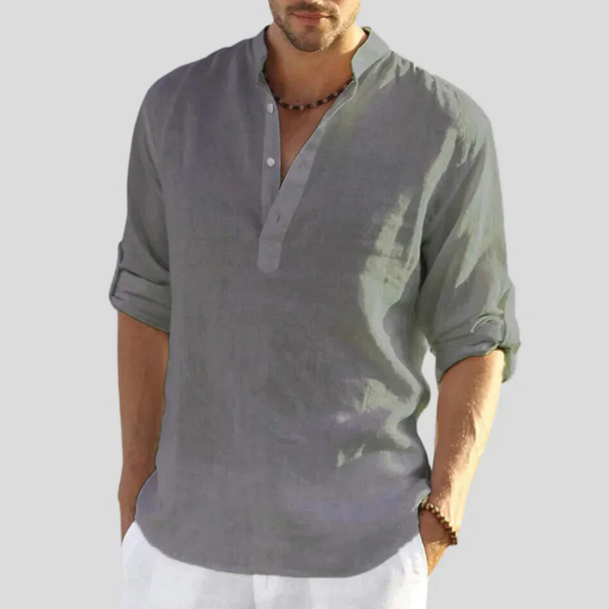 Men's Casual Blend Shirt | Band Collar & Henley Placket
