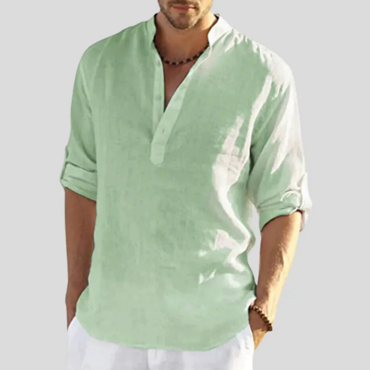 Men's Casual Blend Shirt | Band Collar & Henley Placket
