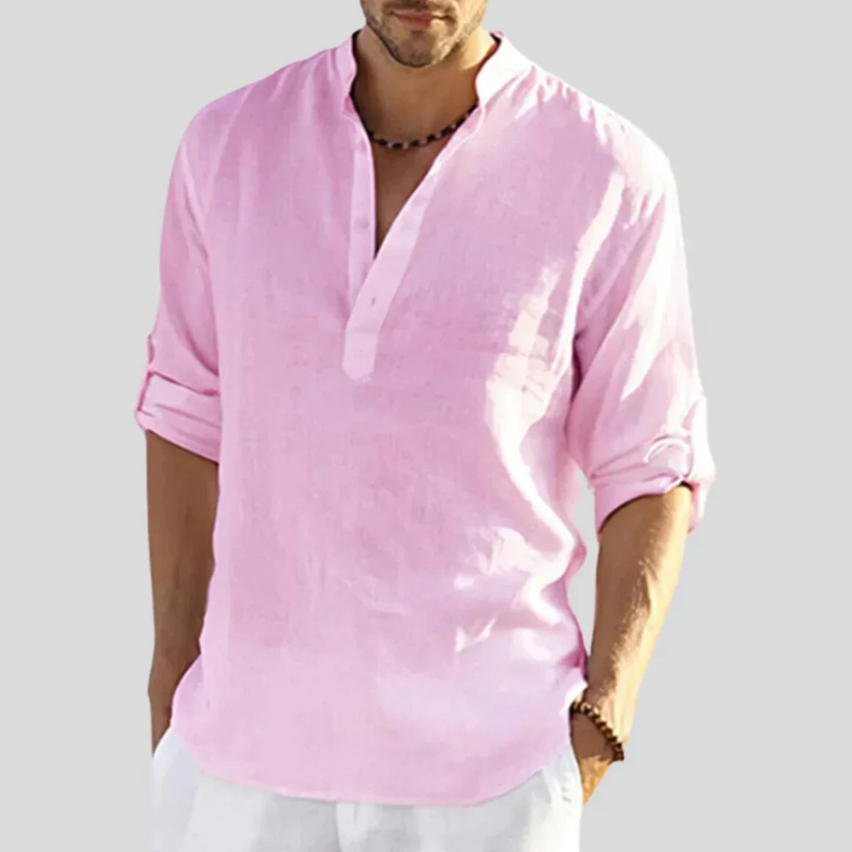 Men's Casual Blend Shirt | Band Collar & Henley Placket
