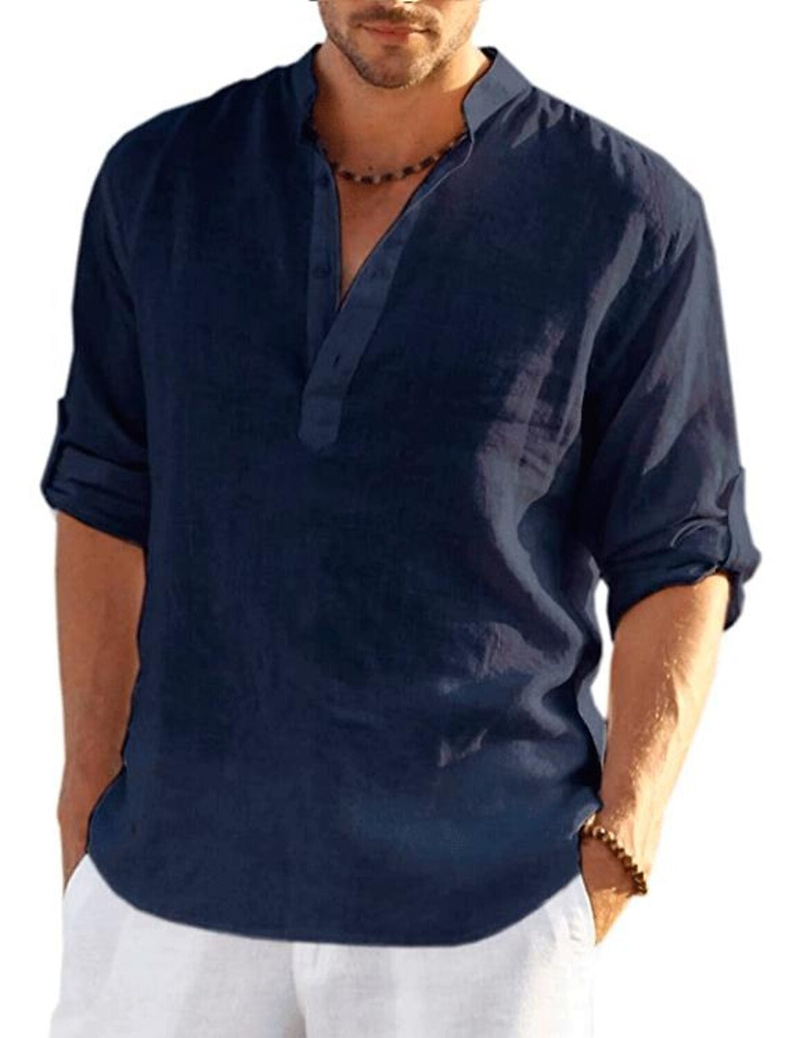 Men's Casual Blend Shirt | Band Collar & Henley Placket