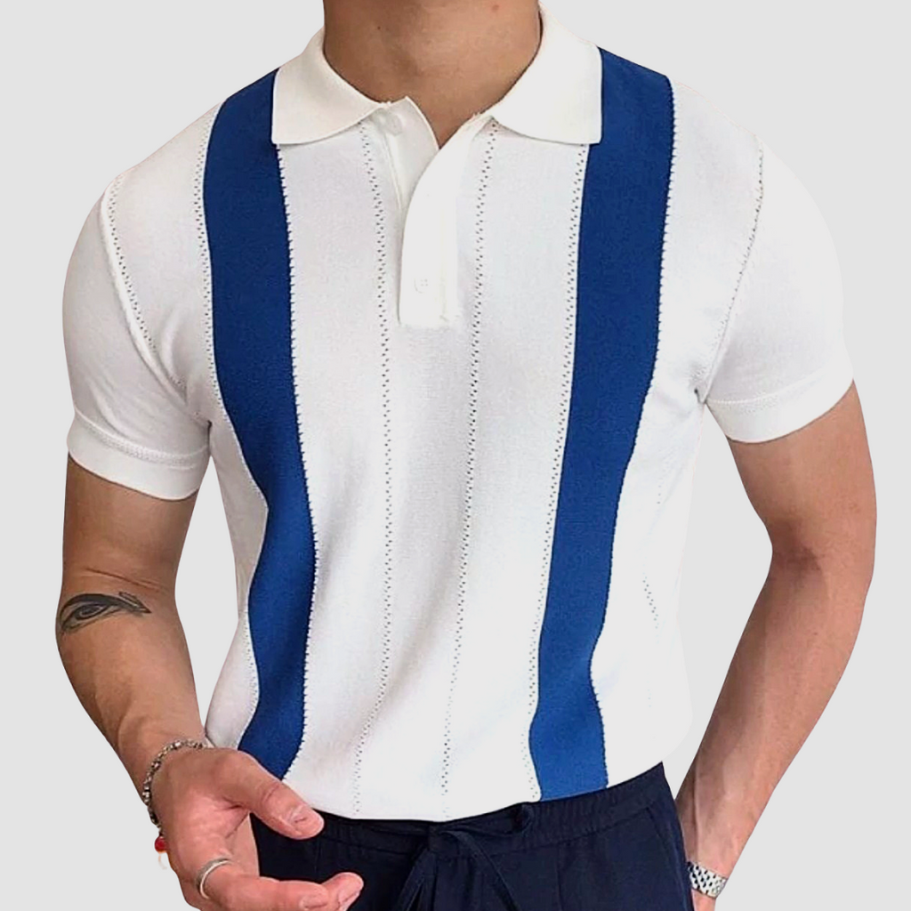 Men's Casual Knit Polo Shirt | Vertical Stripes & Button Placket