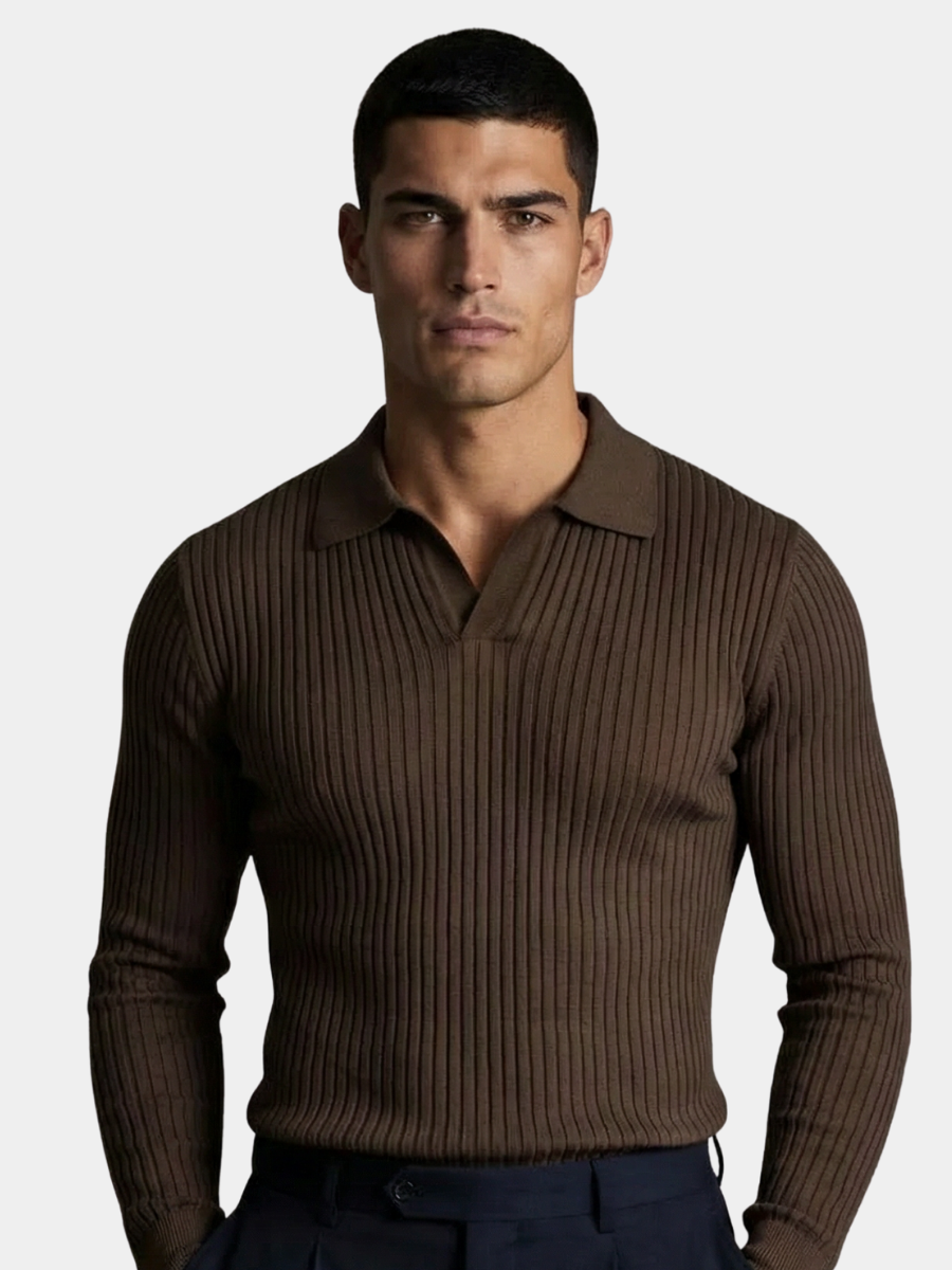 Men's Casual Knit Shirt | Open Collar & Ribbed Bands