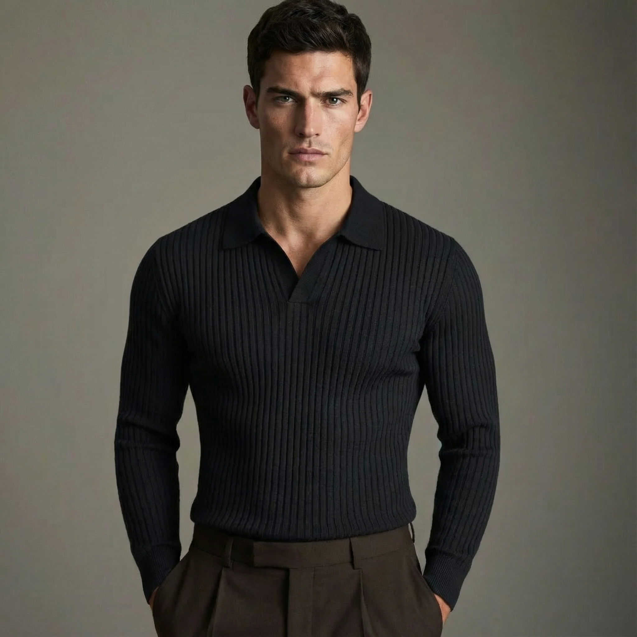Men's Casual Knit Shirt | Open Collar & Ribbed Bands