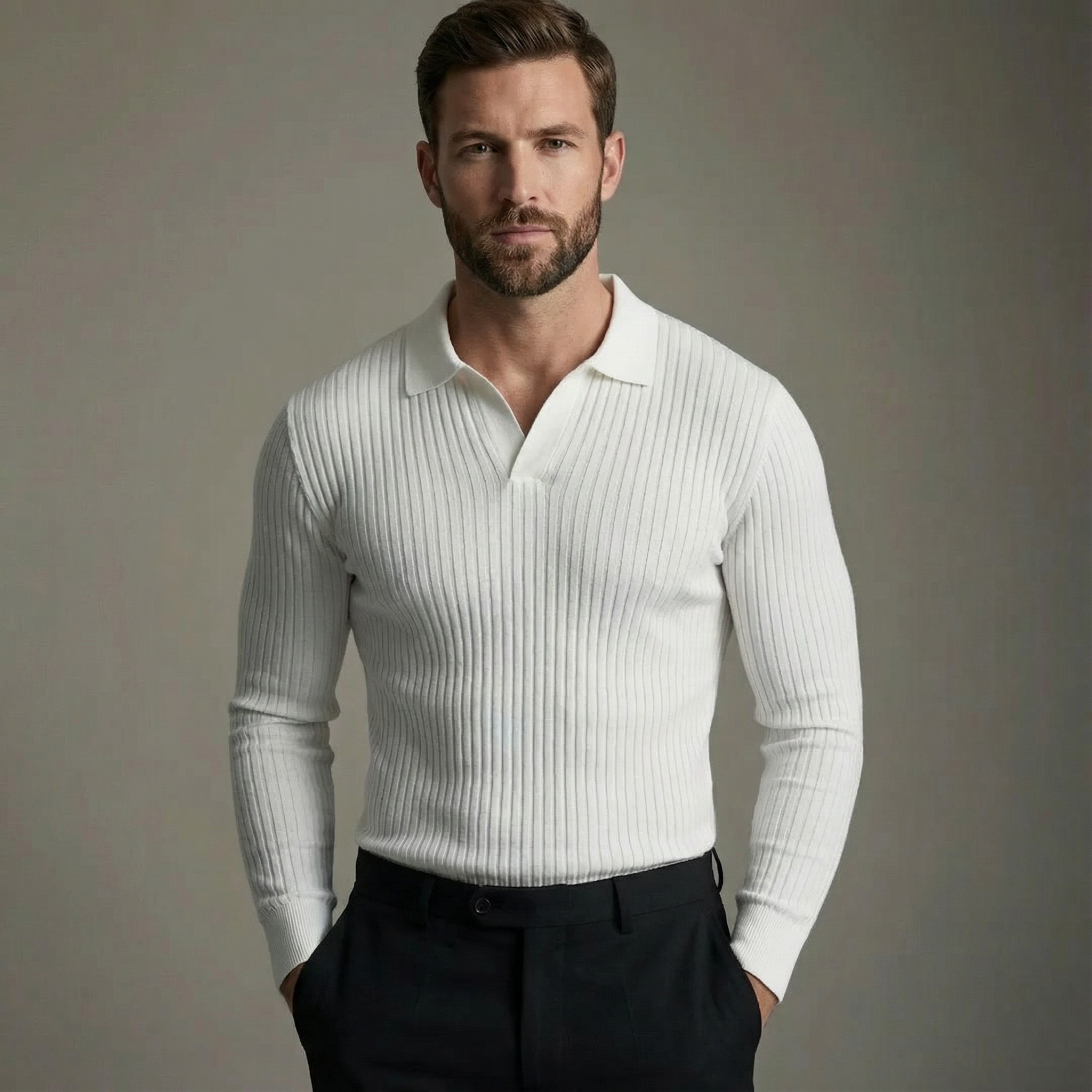 Men's Casual Knit Shirt | Open Collar & Ribbed Bands