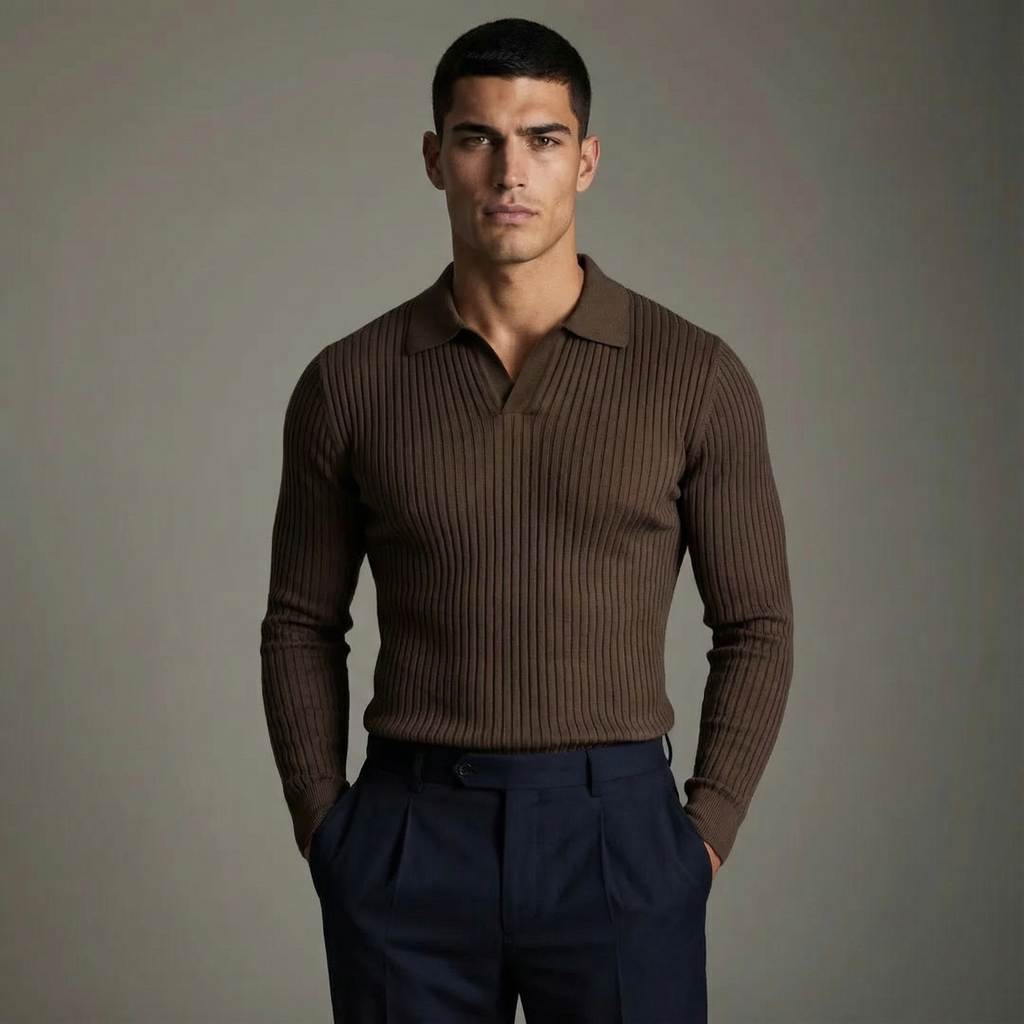 Men's Casual Knit Shirt | Open Collar & Ribbed Bands