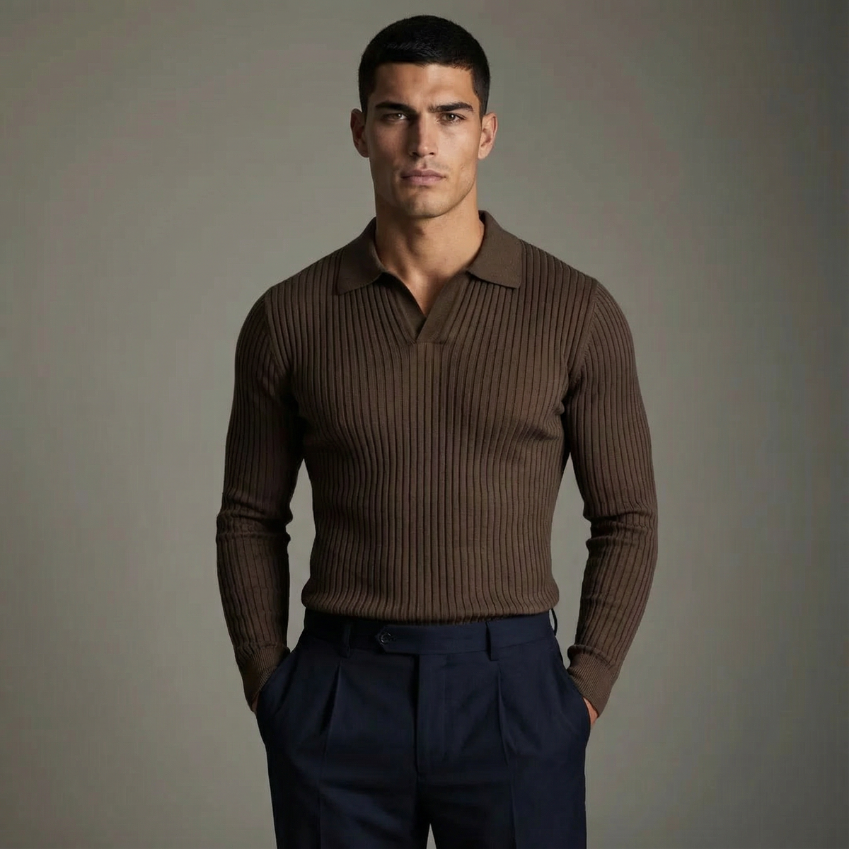 Men's Casual Knit Shirt | Open Collar & Ribbed Bands