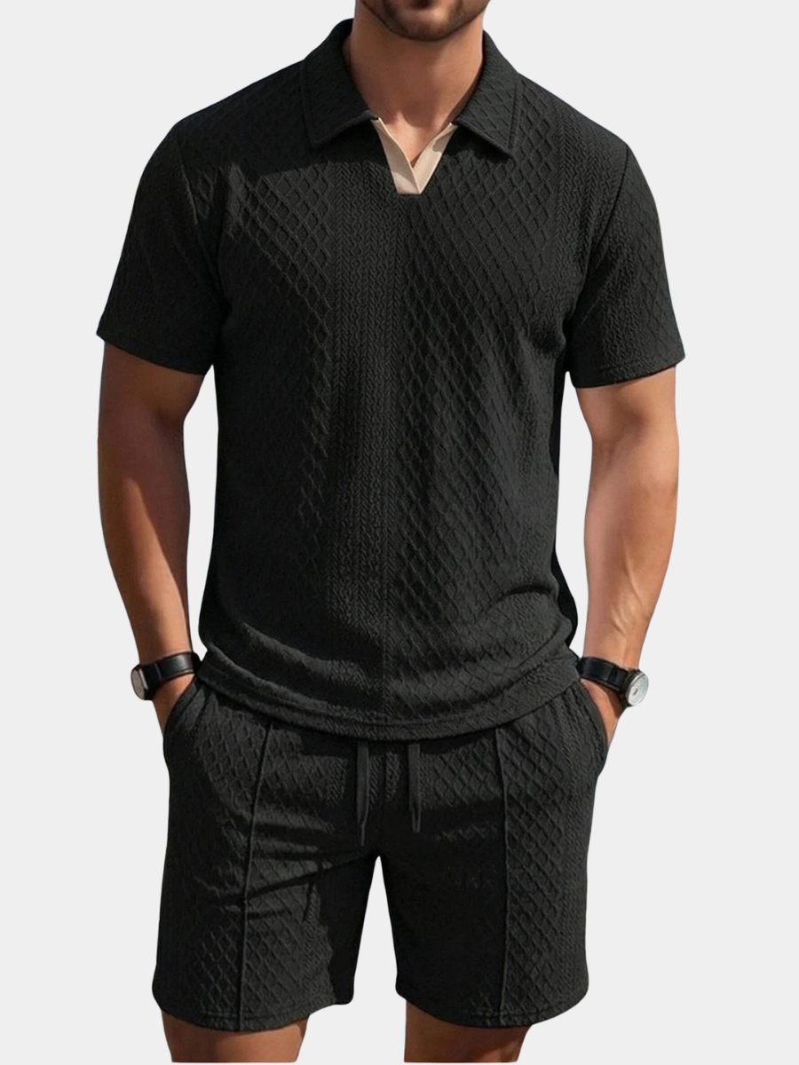 Men's Casual Knit Short Set | Polo Collar & Drawstring Waist