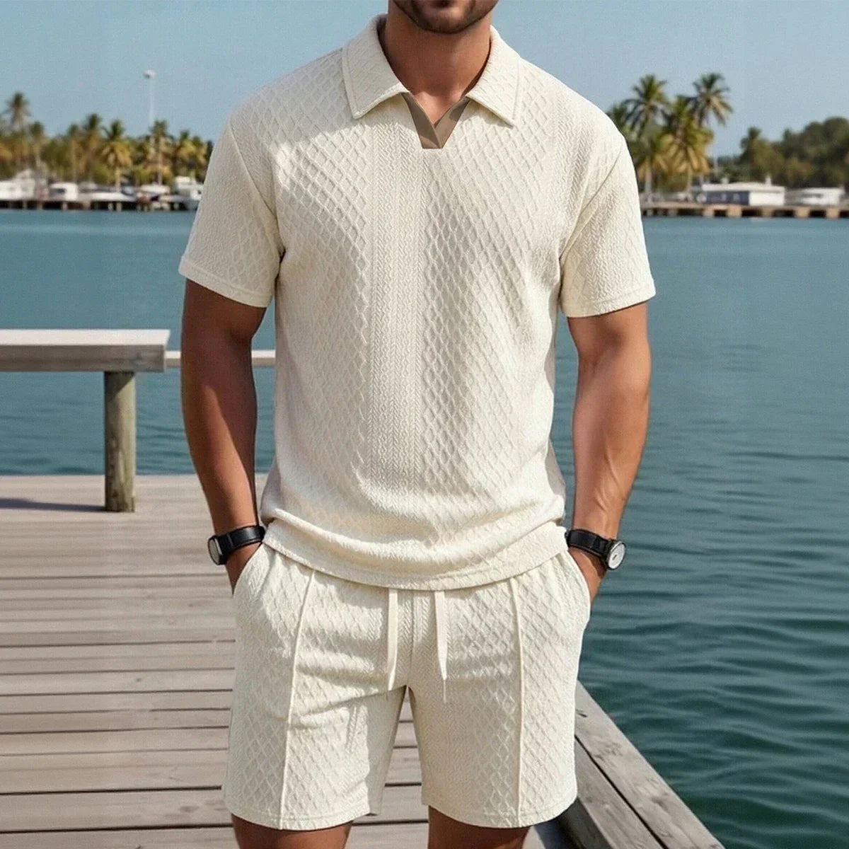 Men's Casual Knit Short Set | Polo Collar & Drawstring Waist