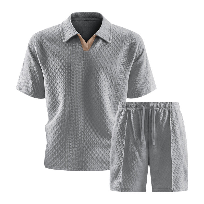 Men's Casual Knit Short Set | Polo Collar & Drawstring Waist