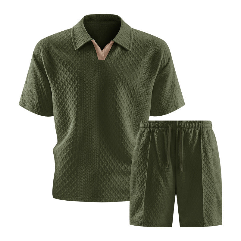 Men's Casual Knit Short Set | Polo Collar & Drawstring Waist