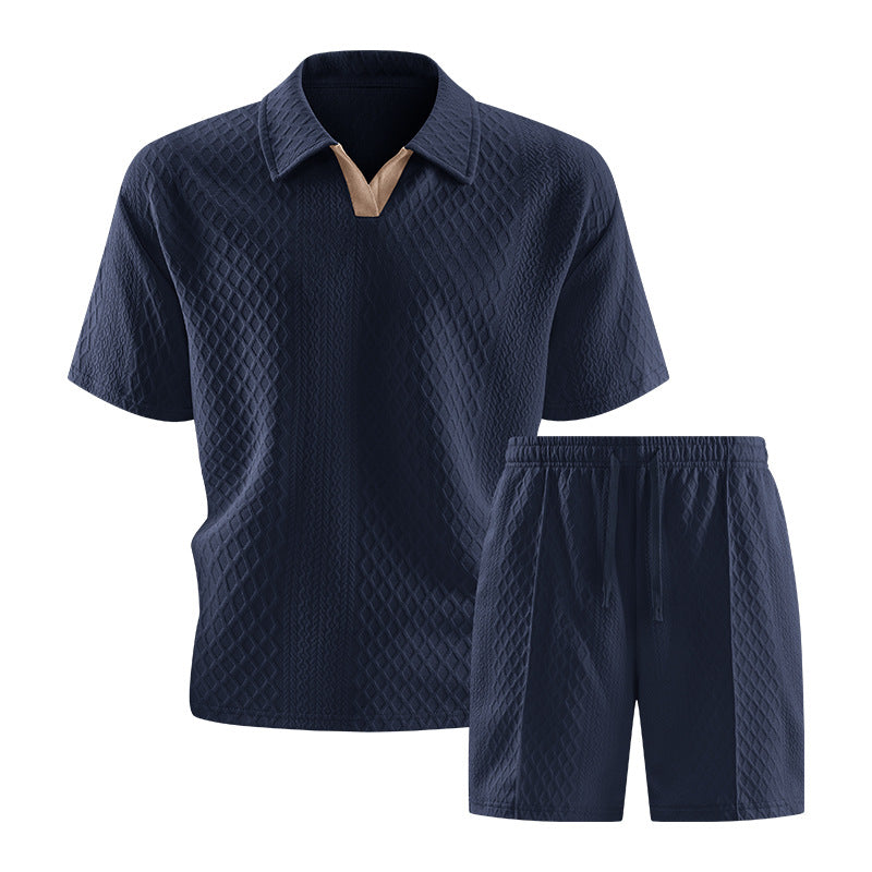 Men's Casual Knit Short Set | Polo Collar & Drawstring Waist