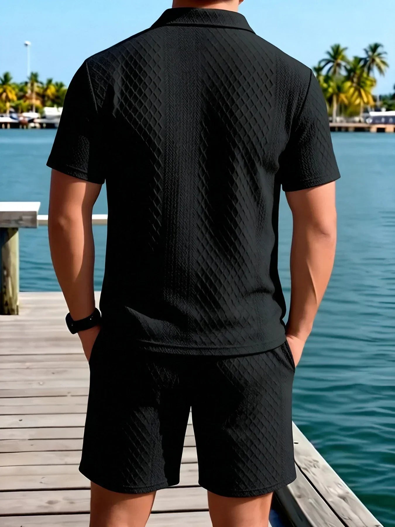 Men's Casual Knit Short Set | Polo Collar & Drawstring Waist
