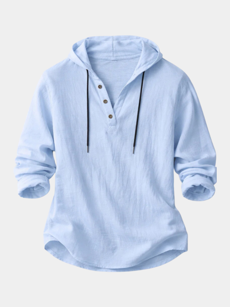 Men's Casual Linen-Blend Pullover Shirt | Hood & Button Placket