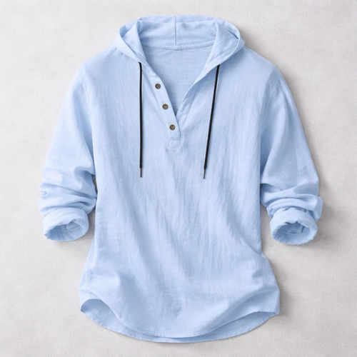 Men's Casual Linen-Blend Pullover Shirt | Hood & Button Placket