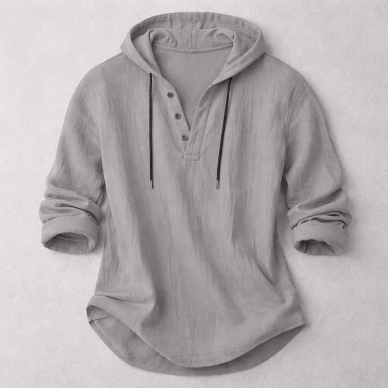 Men's Casual Linen-Blend Pullover Shirt | Hood & Button Placket