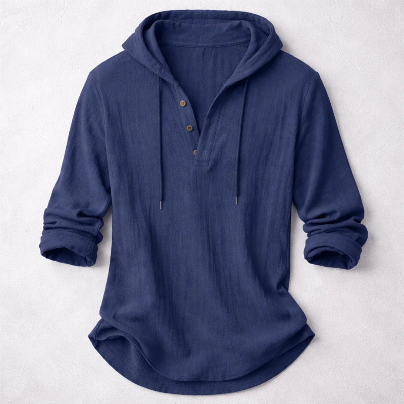 Men's Casual Linen-Blend Pullover Shirt | Hood & Button Placket