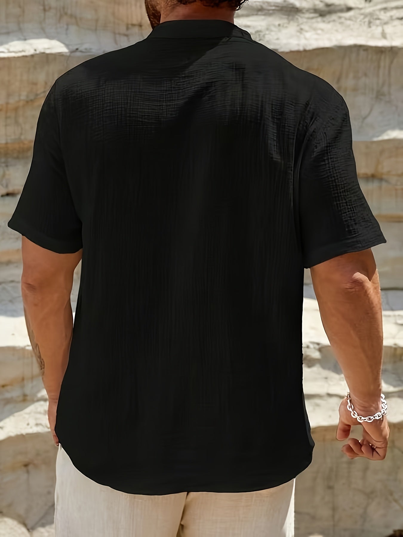 Men's Casual Linen-Blend Shirt | Band Collar & Button Placket