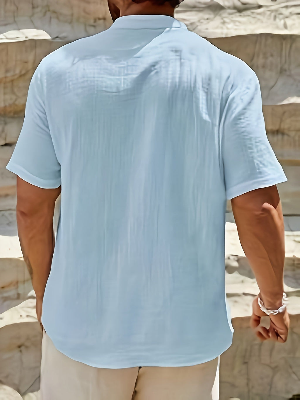 Men's Casual Linen-Blend Shirt | Band Collar & Button Placket