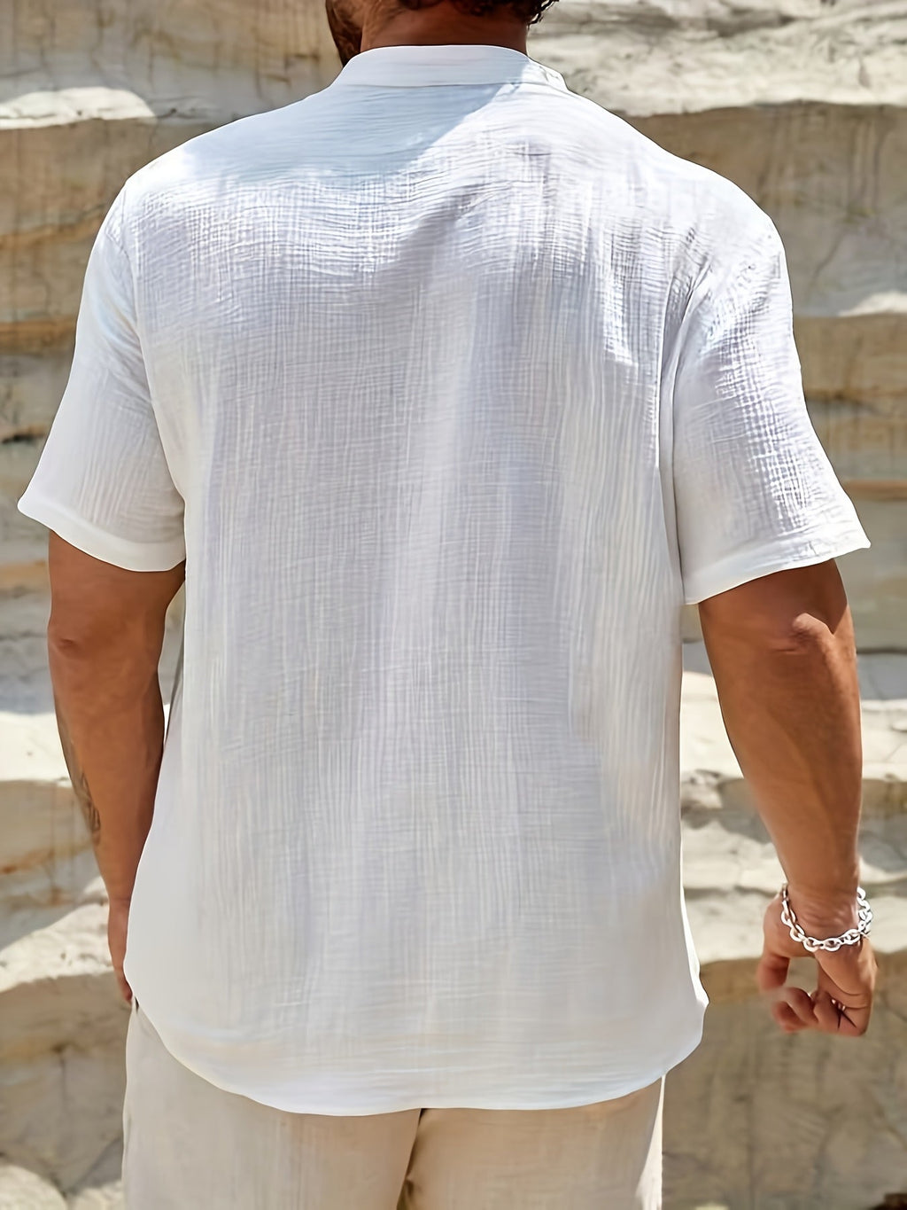 Men's Casual Linen-Blend Shirt | Band Collar & Button Placket