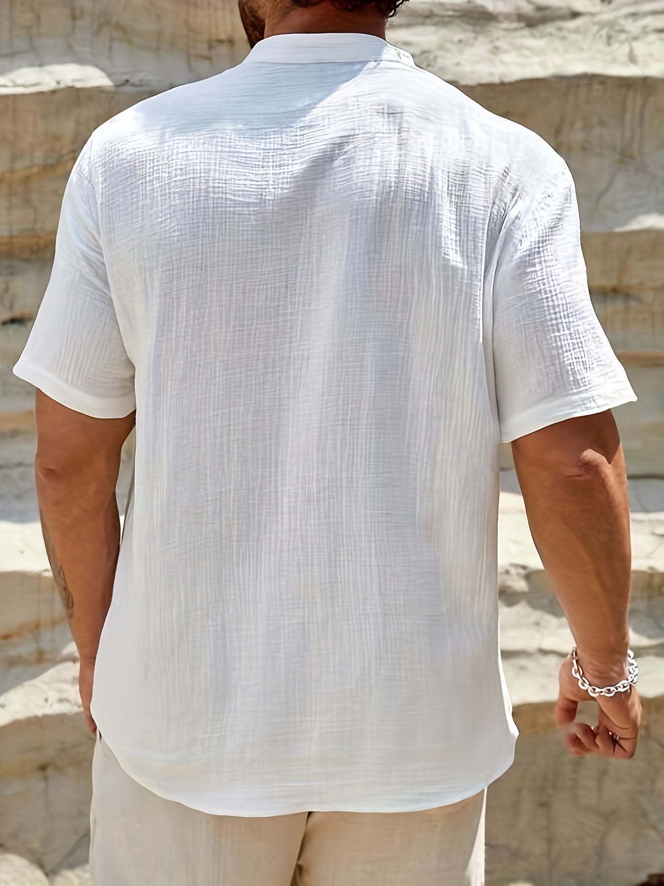 Men's Casual Linen-Blend Shirt | Band Collar & Button Placket