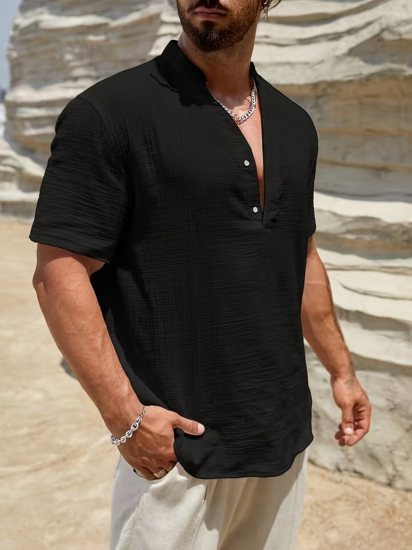Men's Casual Linen-Blend Shirt | Band Collar & Button Placket