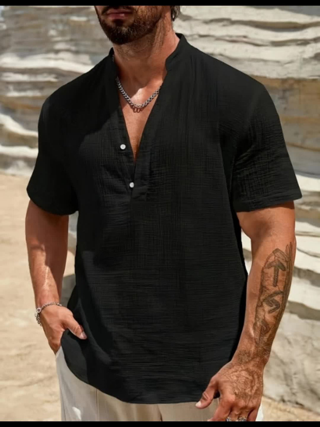 Men's Casual Linen-Blend Shirt | Band Collar & Button Placket