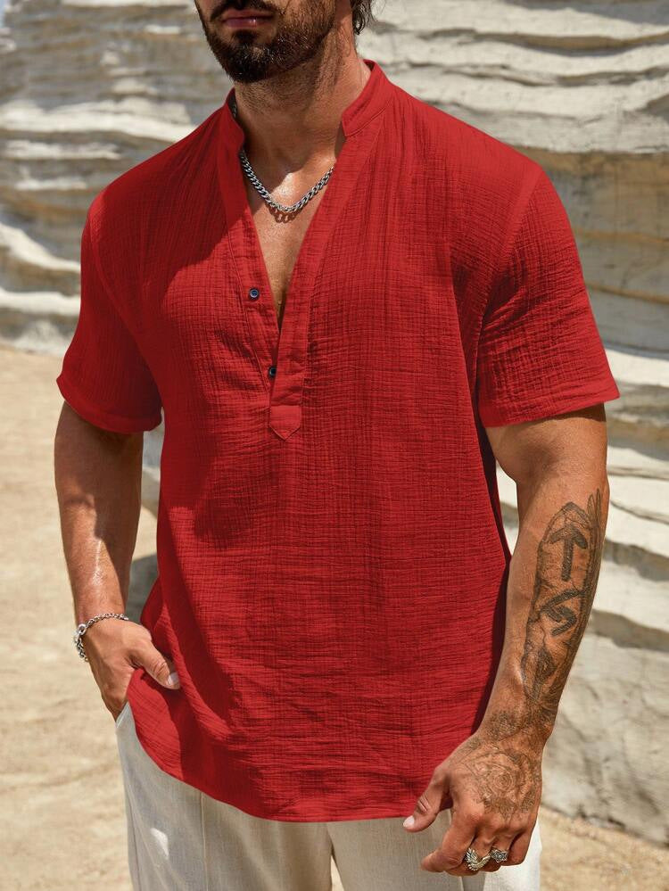 Men's Casual Linen-Blend Shirt | Band Collar & Button Placket