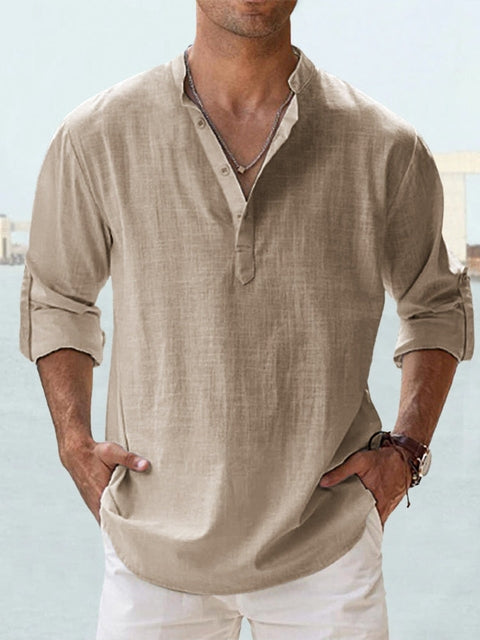 Men's Casual Linen-Blend Shirt | Band Collar & Half Placket