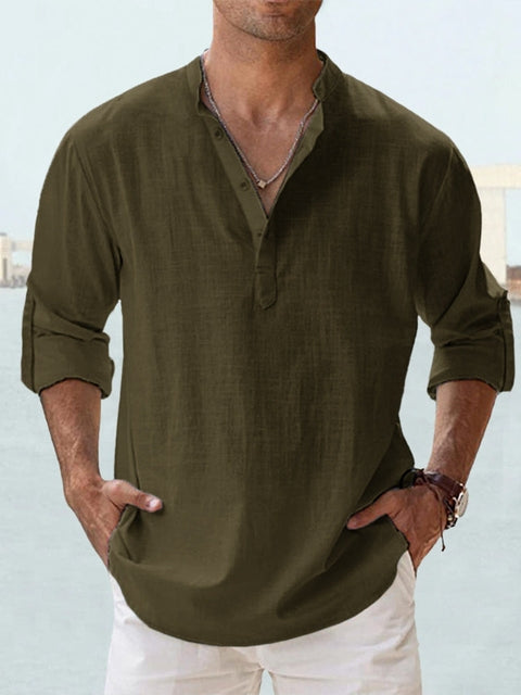 Men's Casual Linen-Blend Shirt | Band Collar & Half Placket
