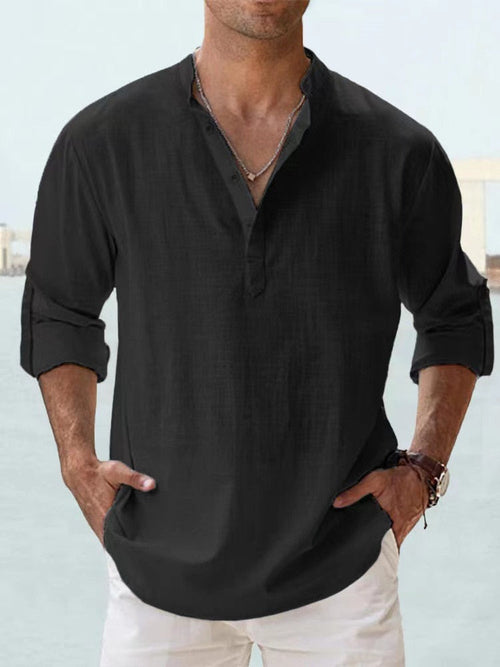 Men's Casual Linen-Blend Shirt | Band Collar & Half Placket