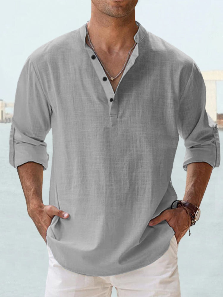 Men's Casual Linen-Blend Shirt | Band Collar & Half Placket