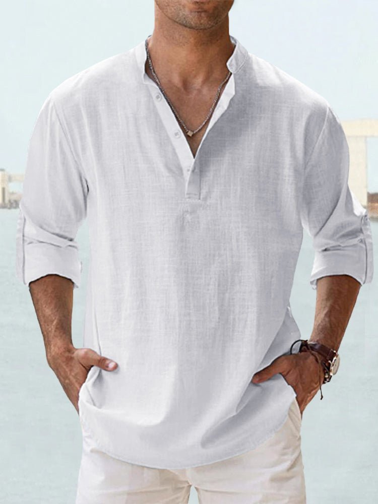 Men's Casual Linen-Blend Shirt | Band Collar & Half Placket