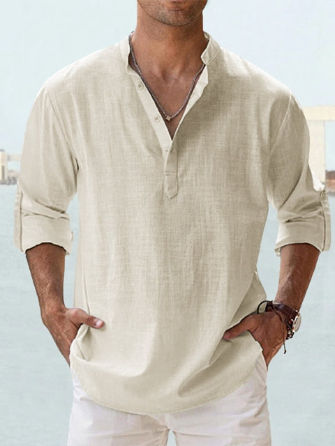 Men's Casual Linen-Blend Shirt | Band Collar & Half Placket