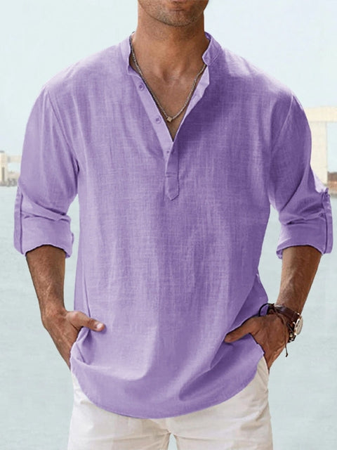 Men's Casual Linen-Blend Shirt | Band Collar & Half Placket