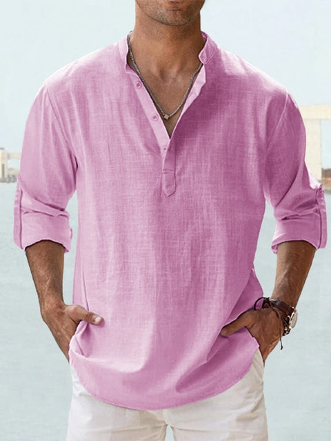 Men's Casual Linen-Blend Shirt | Band Collar & Half Placket