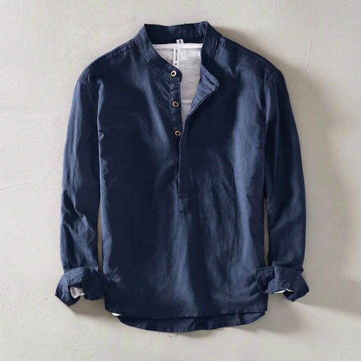 Men's Casual Linen Shirt | Band Collar & Four-Button Placket