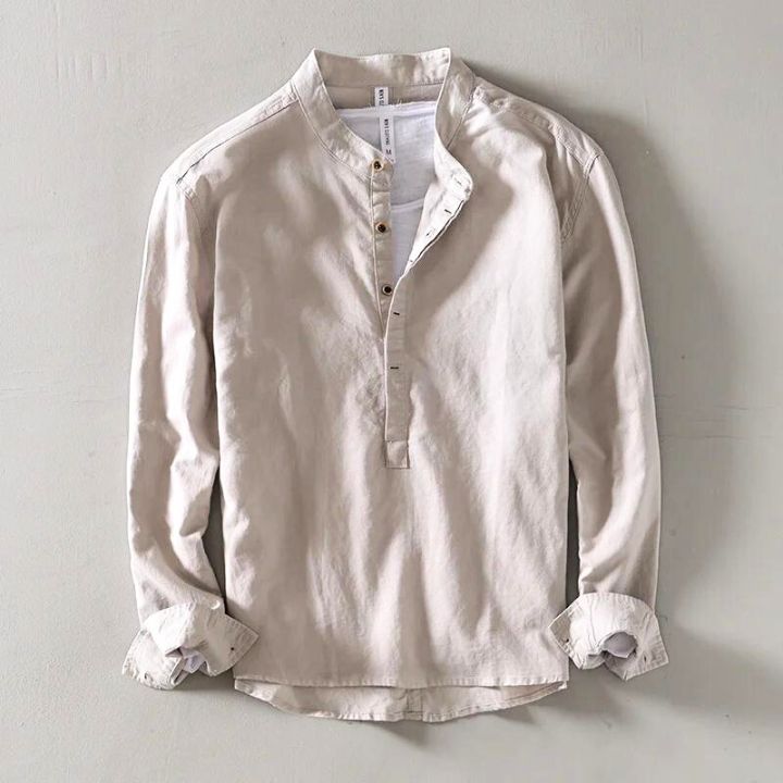 Men's Casual Linen Shirt | Band Collar & Four-Button Placket