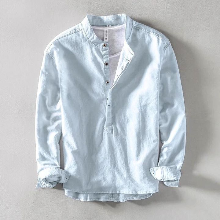 Men's Casual Linen Shirt | Band Collar & Four-Button Placket