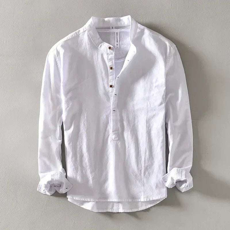 Men's Casual Linen Shirt | Band Collar & Four-Button Placket