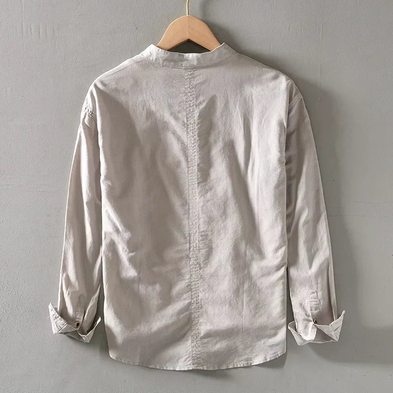 Men's Casual Linen Shirt | Band Collar & Four-Button Placket